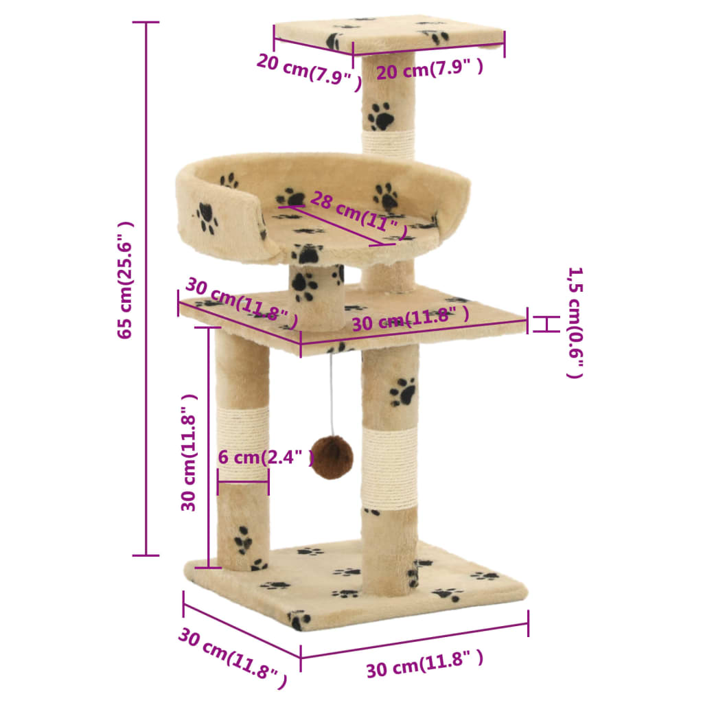 Kaķu Māja, Stabi Nagu Asināšanai, 65 Cm, Bēša Ar Ķepu Apdruku