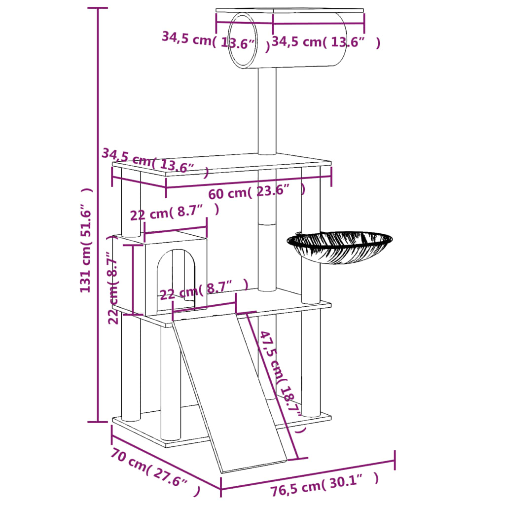 Kaķu Māja Ar Sizala Stabiem Nagu Asināšanai, 131 Cm, Pelēka